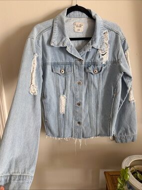 Love Tree Distressed Light Wash Denim Jacket - Light Blue